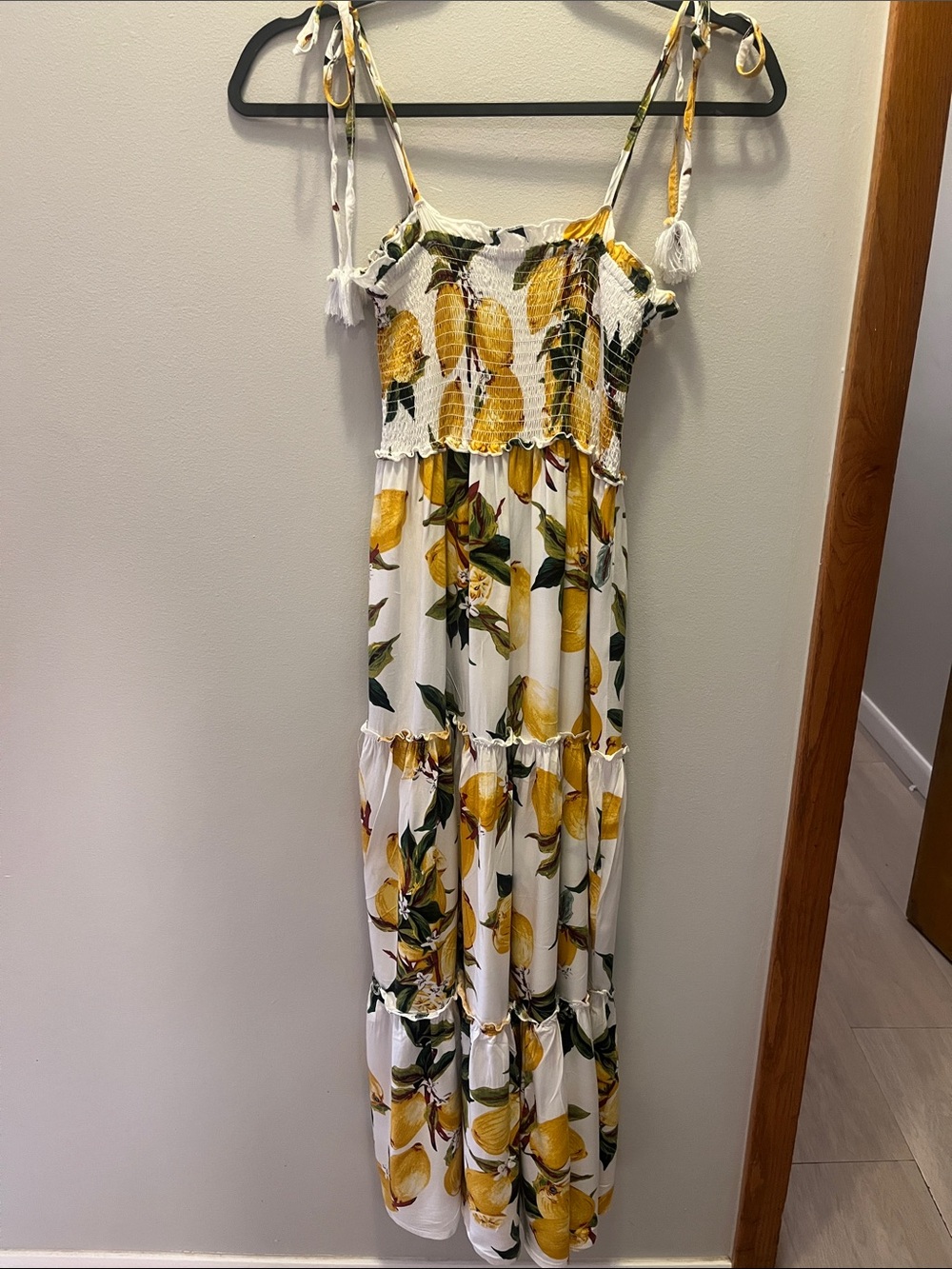 blue island White Lemon-Print Tiered Midi Dress